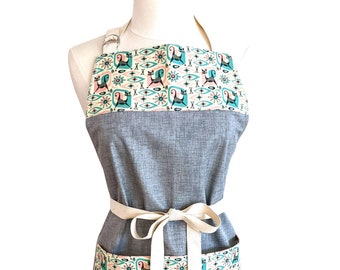 Mid Century Cat Apron for Women, Designer Spoonflower Fabric, Durable Cotton Canvas Chef Size Apron, Retro Cat Apron