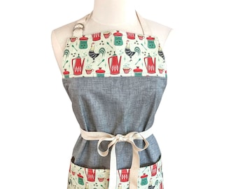 Retro Morning Coffee with Rooster Apron, Mid Century Kitchen Apron for Women, Designer Spoonflower Fabric, Durable Cotton Canvas Chef Apron