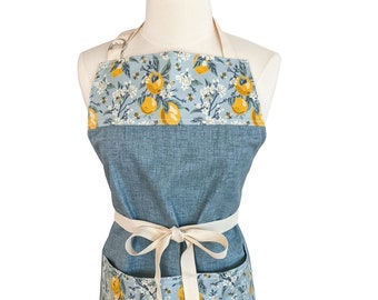 Lemons and Honey Bee Apron, Pretty Kitchen Apron for Women, Designer Spoonflower Fabric in Pocket and Yoke, Nature Inspired Floral Apron