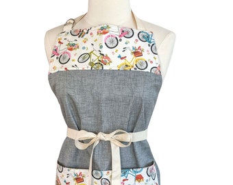 Kitchen Cruiser Bicycle Apron, Flowery Vintage Bicycles Apron for Women, Spoonflower Designer Fabric in Yoke and Pocket