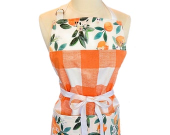 Farm Fresh Oranges Apron for Women, Designer Spoonflower Fabric in Pocket and Yoke, Nature Inspired Apron, Cotton Canvas Chef Apron