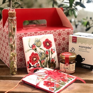 Spring in Crete Gift Box - Sustainable Gift - Cretan Goodies - Handmade Ceramic Coasters - Gift for Vegan - Greek Easter Gift to Send
