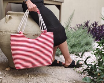 Nautical Red and White Beach Bag - Greek Holidays Bag - Greek Memorabilia - Striped Pattern Tote Handbag - Summer Vacations Shoulder Bag