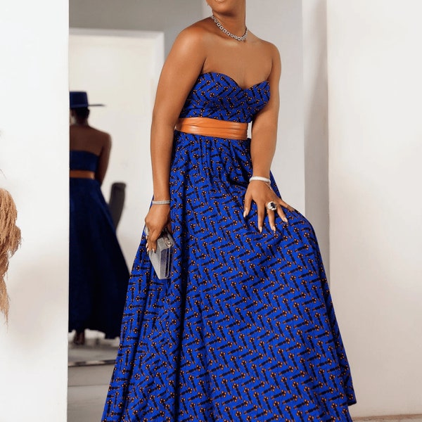 Adiba Strapless Dress, blue African print dress, Ankara long dress for plus size, African dresses for women, Ankara dresses, wax