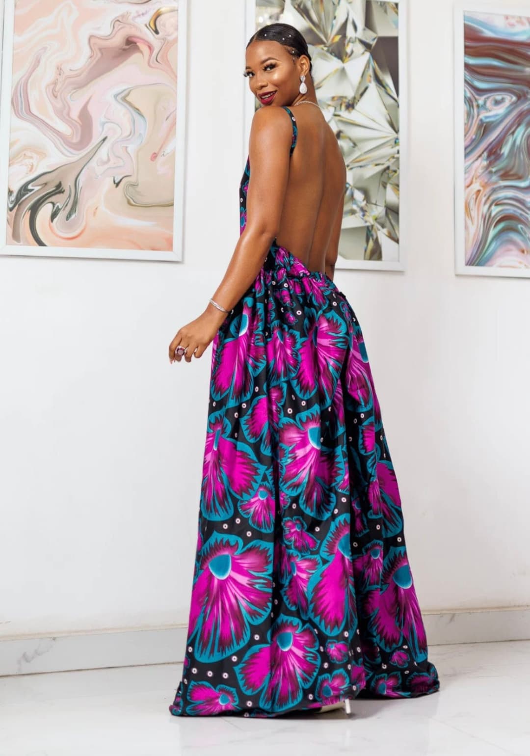 Fundua Backless Maxi Dress in Purple and Red African Ankara Print S Fundua Backless Maxi Dress in Purple and Red African Ankara Print S