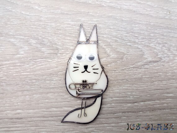 Stained Glass Suncatcher Magnet Cat Musician With Trumpet Etsy