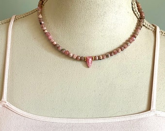 Vintage Natural Stones Necklace Pink Rhodonite Beaded Colourful Necklace 23.6\u201d