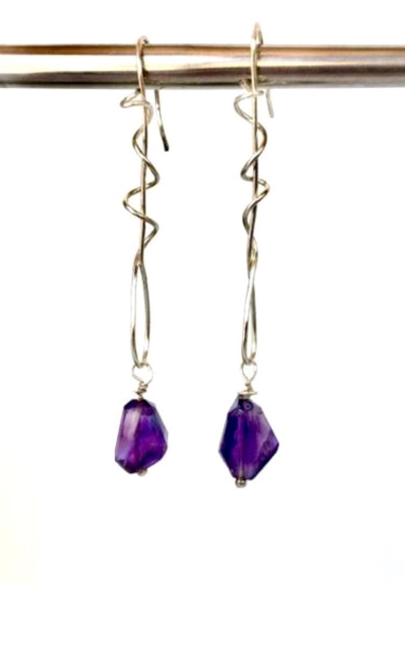 Daughter Valentine gift Amethyst wire wrapped earrings Best friend jewelry artisanal swirl earrings Long purple amethyst earrings