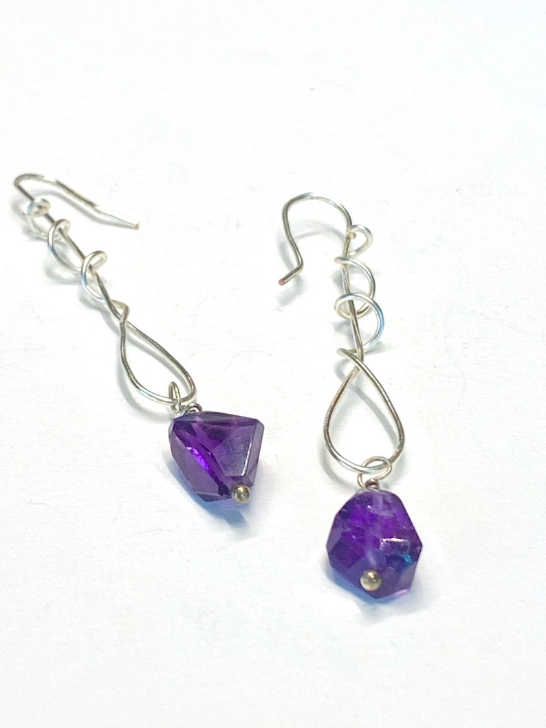 Daughter Valentine gift Amethyst wire wrapped earrings Best friend jewelry artisanal swirl earrings Long purple amethyst earrings