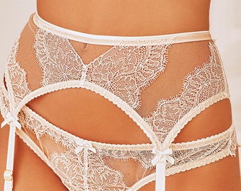 White lace and beige mesh  garter belt  for stockings