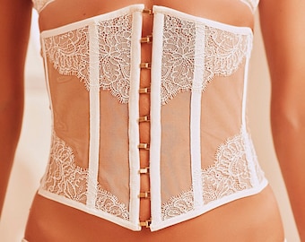 Transparent corset underbust with white lace, Corset for wedding dress