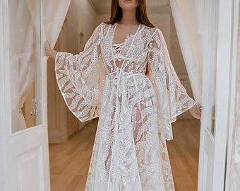 Wedding long bridal robe, Boudoir wedding gown for morning of bride photo shoot