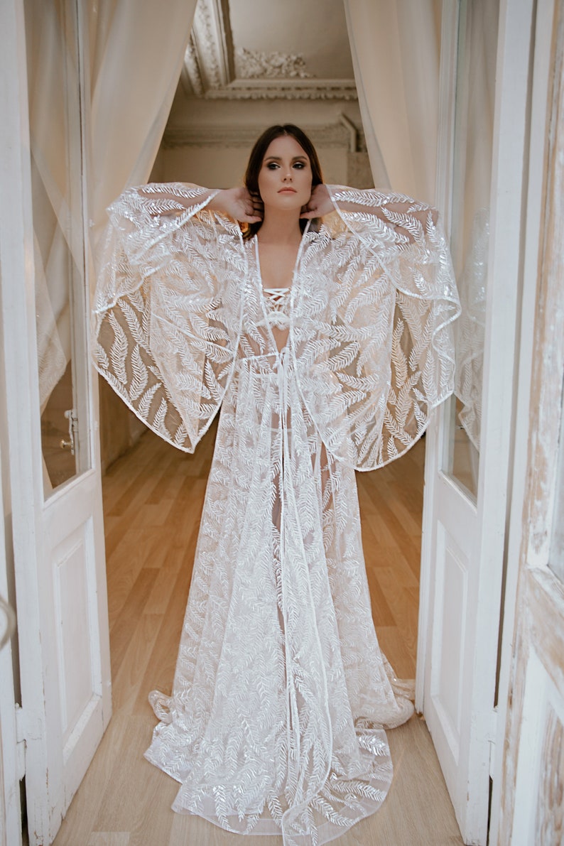 Wedding Long Bridal Robe, Boudoir Wedding Gown for Morning of Bride