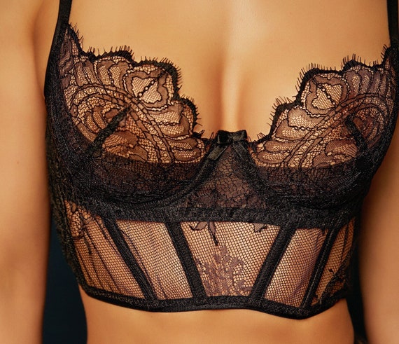 Bustier negro, sujetador de encaje, lencería negra sexy, corsé