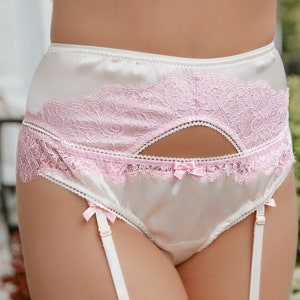 Garter belt white silk and pink lace