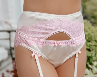 Garter belt white silk and pink lace