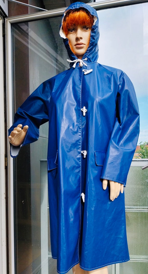 Retro Vintage Blue Pvc. Hooded Raincoat Rainjacket Rubbercoat