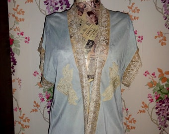 Vintage 1930s 1940s Silk Rayon And Lace Bed Jacket Boudoir Jacket