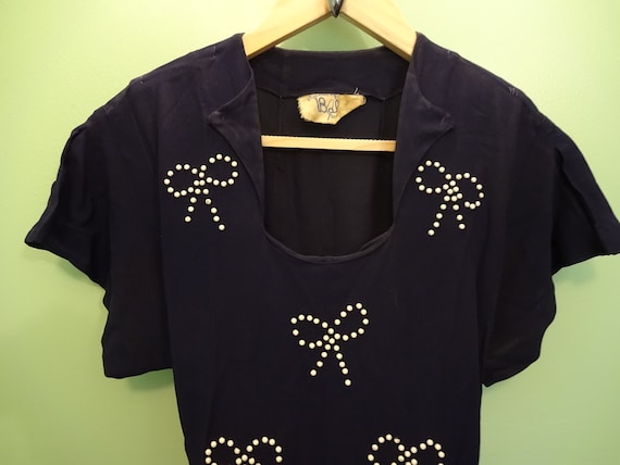 Original Vintage 1940s Navy Blue Tea Dress With Wh