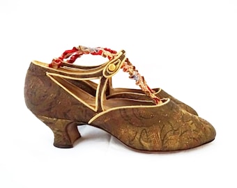 Original Antique 1920s 1930s Gold Brocade Evening Shoes