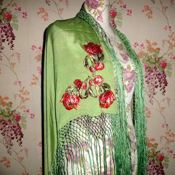Antique 1920s Green Silk Embroidered Piano Shawl