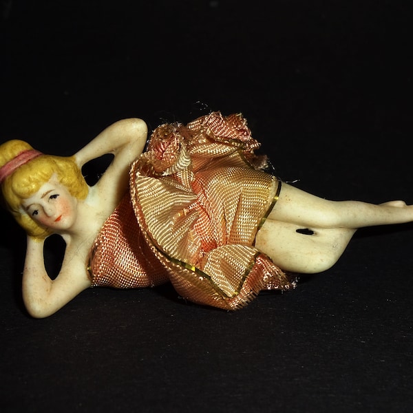 Antique 1920s German Bisque Miniature  Bathing Beauty Bathing Belle Pin Cusion Doll  Art Deco Lady In Ribbonwork Dress