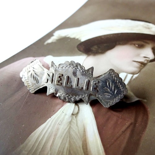 Antique store Victorian Edwardian Silver Name Brooch Hallmarked 1904 Sweetheart Brooch Pin NELLIE Eleanor Ellen