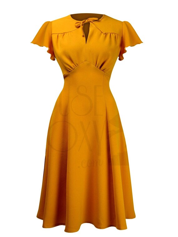 Vintage 1930s 1940s Reproductionn Dress The House Of Foxy Grable Dress  Mustard UK 16 Volup New - Main Image