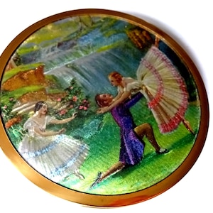 Vintage 1950s Powder Compact Melissa Ballerina Ballett Tänzer irisierende Folie Kunstschmetterlingsflügel Sammlerstücke