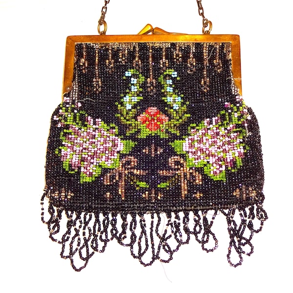 Antique Edwardian Purse  Art Deco Micro Beaded Bag  Floral Posies Bouquets And Bows 1920s 1930s Beautiful
