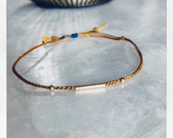 Simple single braided thin bracelet with gold tube bar--The Lola Bracelet