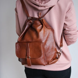 LEATHER BACKPACK PURSE Multi Way Rucksack Leather School Bag Cognac Brown Leather Shoulder Bag zdjęcie 5