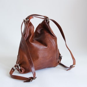 LEATHER BACKPACK PURSE Multi Way Rucksack Leather School Bag Cognac Brown Leather Shoulder Bag zdjęcie 1