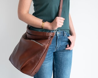 Brown LEATHER Handbag, Cognac Brown HOBO, Everyday Leather Shoulder Bag, Leather Handbag, Chestnut Brown Leather Hobo Bag, Crossbody Bag