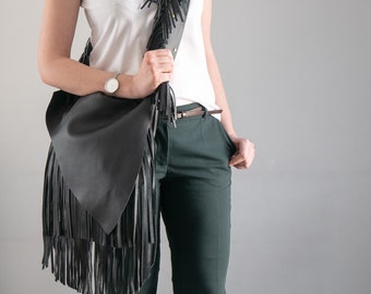 BLACK Leather Bag with Fringes, Crossbody Leather Bag, Boho Bag, Black Boho Leather Purse, Hippe Bag, Long Fringes, Bohemian Style Bag