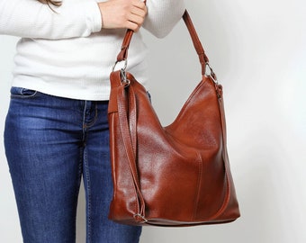 Leather HOBO Bag, Chestnut Brown Leather Handbag, Crossbody Bag, Everyday Tote Bag Laptop Leather Shoulder Bag, Leather Bag, Cognac Brown