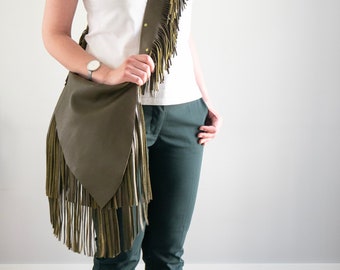 Olive GREEN Leather Bag with Fringes, Crossbody Leather Bag, Boho Bag, Green Boho Leather Purse, Hippe Bag, Long Fringes, Bohemian Style Bag