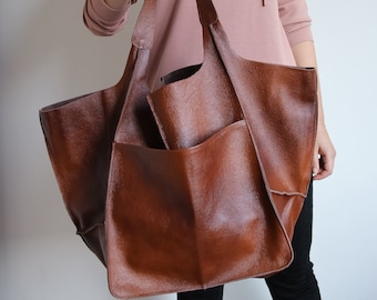 LARGE LEATHER TOTE, Cognac Brown Handbag Women, Leather Bag, Large Shoulder Bag, Big Hobo Bag, Oversize Weekender, Everyday Foldover Bag