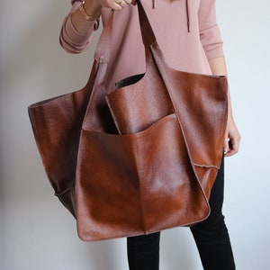 LARGE LEATHER TOTE, Cognac Brown Handbag Women, Leather Bag, Large Shoulder Bag, Big Hobo Bag, Oversize Weekender, Everyday Foldover Bag