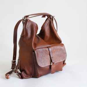 LEATHER BACKPACK PURSE Multi Way Rucksack Leather School Bag Cognac Brown Leather Shoulder Bag zdjęcie 4