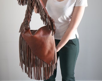 BROWN Boho Bag, Crossbody Leather Bag, Unique Bohemian Leather Purse, Crossbody Western Style Purse, Leather Bag, Cognac Long Fringes Bag