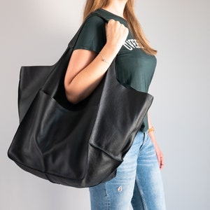 SHOULDER HOBO BAG, Oversize Leather Bag, Large Leather Tote, Everyday Slouchy Tote, Black Handbag, Leather Women Purse, Big Shoulder Bag