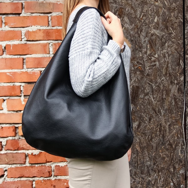 BLACK Oversize Shoulder Bag - LEATHER HOBO Bag - Everyday Leather Purse - Soft Leather Handbag for Women