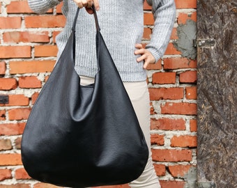 BLACK LEATHER HOBO Bag - Oversize Shoulder Bag - Everyday Leather Purse - Soft Leather Handbag for Women