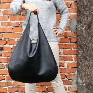 BLACK Oversize Shoulder Bag LEATHER HOBO Bag Everyday Leather Purse Soft Leather Handbag for Women image 2