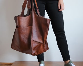 OVERSIZE WEEKENDER BAG, Large Leather Tote, Everyday Foldover Bag, Cognac Brown Handbag Women, Leather Bag, Large Shoulder Bag, Hobo Bag