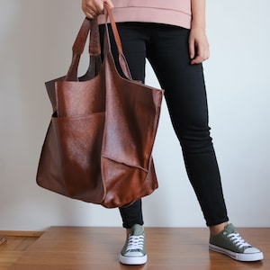 OVERSIZE WEEKENDER BAG, Large Leather Tote, Everyday Foldover Bag, Cognac Brown Handbag Women, Leather Bag, Large Shoulder Bag, Hobo Bag image 1