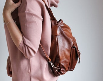 LEATHER BACKPACK PURSE - Multi Way Rucksack - Leather School Bag - Cognac Brown Leather Shoulder Bag