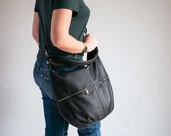 SCHWARZE LEDER SCHULTER Hobo Tasche - Alltag Crossbody Leder Geldbörse - Schwarze Lederhandtasche - Damen Ledertasche