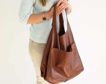LARGE LEATHER TOTE Everyday Foldover Bag Brown Handbag | Etsy